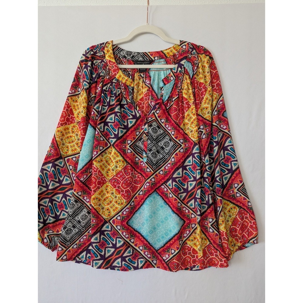 Investments II Women's 2X Geometric Patchwork Smocked Long Sleeve Tunic Top